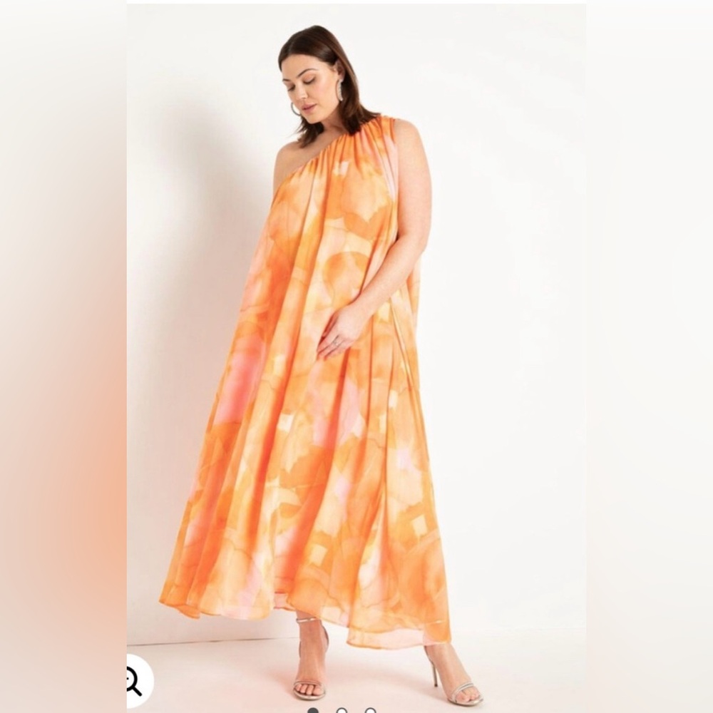Eloquii Sheer Trapeze One Shoulder Maxi Dress in Apricot Orange 20